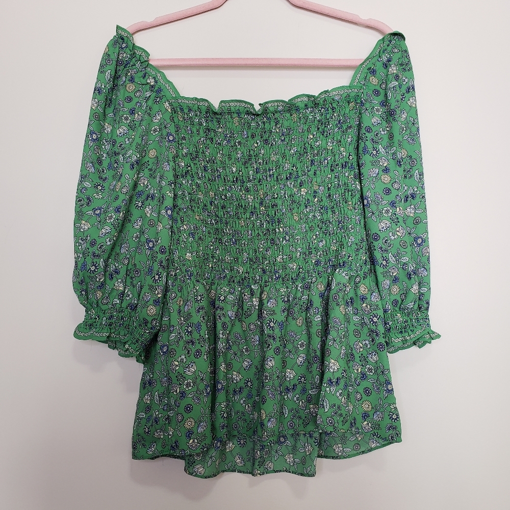 Max studio green smocked square neck blouse nwt xl
